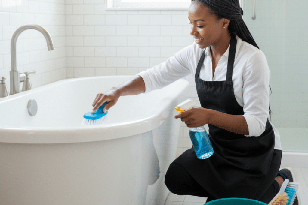 Residential cleaning team sanitizing a bathtub in a Livingston home bathroom.