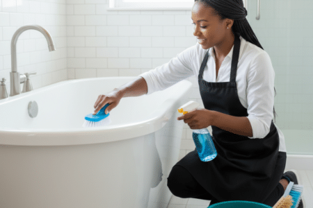 Residential cleaning team sanitizing a bathtub in a Livingston home bathroom.