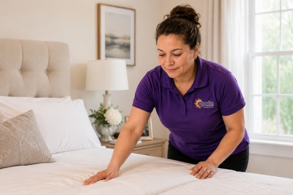 An Apollo Cleaning Service maid making a bed.