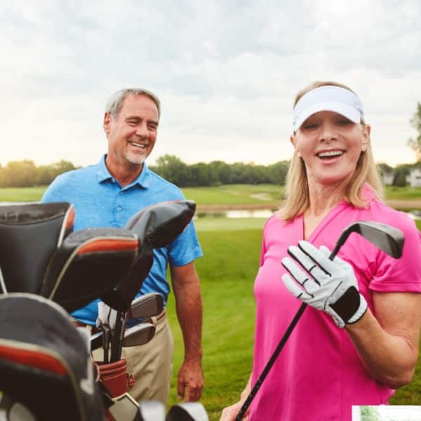 A couple playing golf on a weekend with no chores because they hired a professional house cleaning service for their Montclair home.