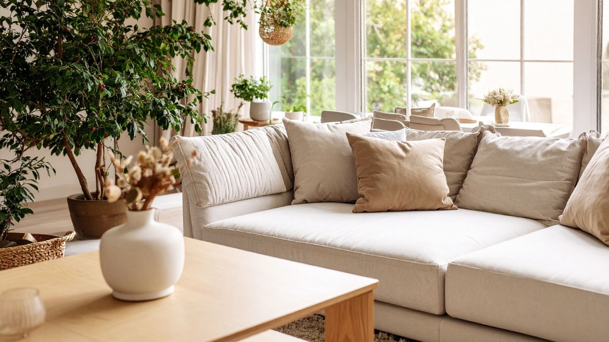 Fresh and inviting living room with clean sofa following professional maid service.