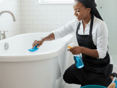 Residential cleaning team sanitizing a bathtub in a Livingston home bathroom.