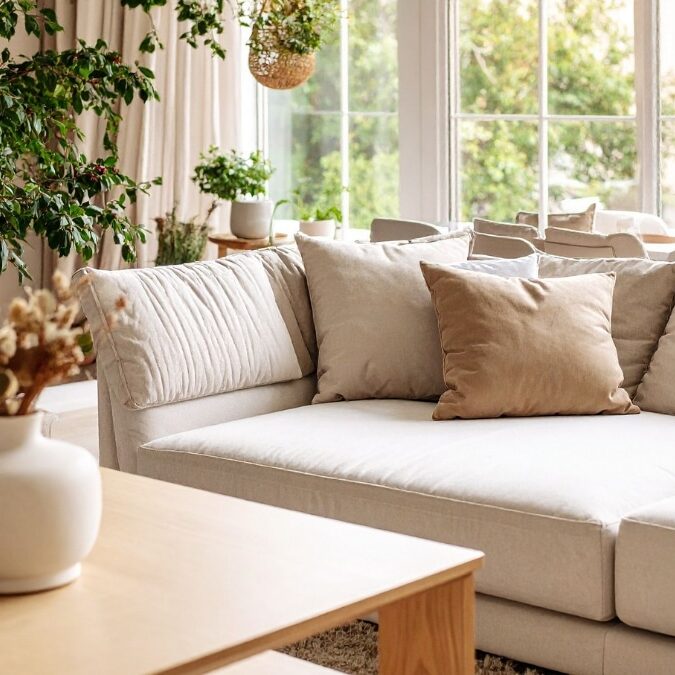 Pristine living room with spotless sofa cleaned by professionals.