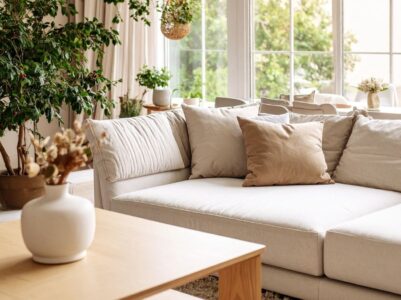 Pristine living room with spotless sofa cleaned by professionals.